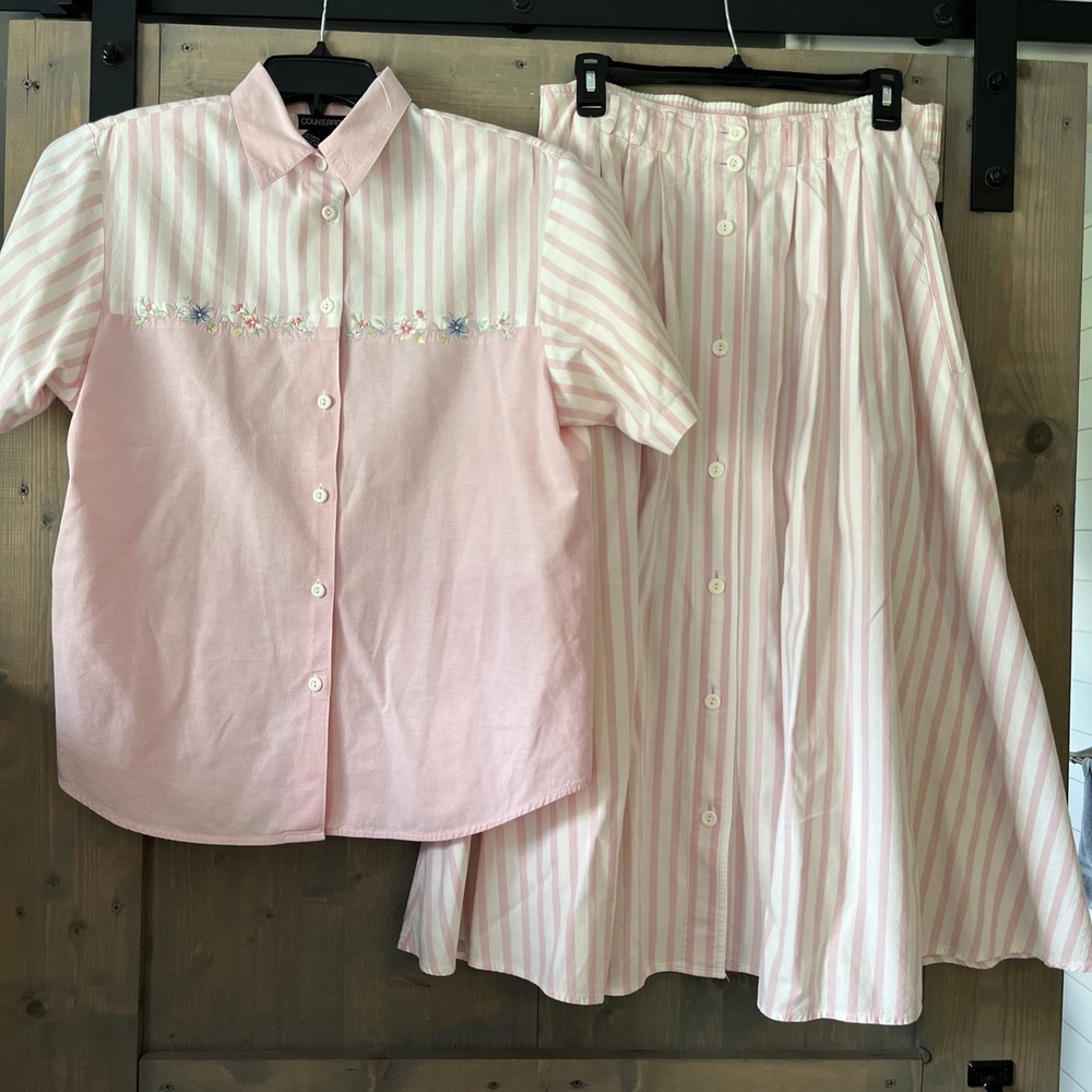 Vintage 80s Grandmacore Pink Floral Striped Skirt Set 100% Cotton Cottagecore